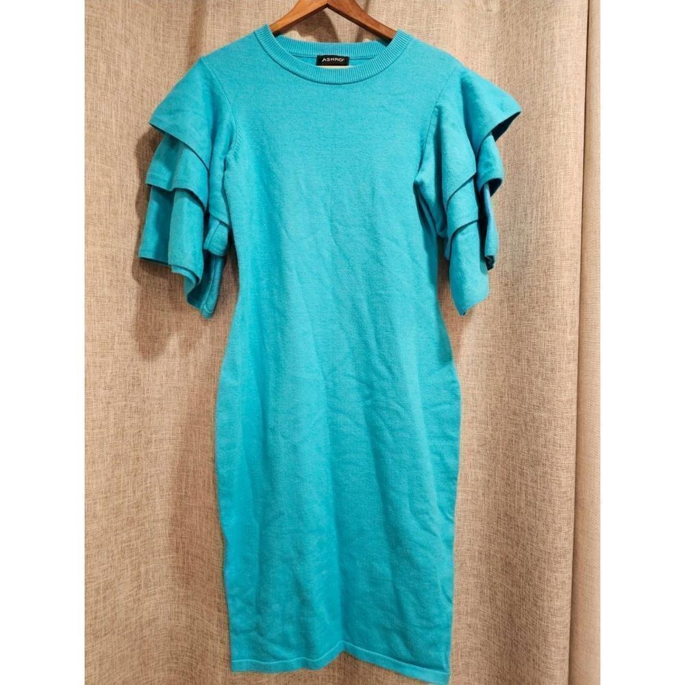 Ashro Torquoise Knit Dress Womens size Meddium Ruffle sleeves